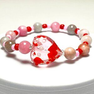 White and Red &Pink Heart Charm Beaded Bracelet